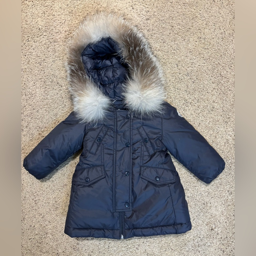 Moncler Navy Down Jacket fixed hood with removable fur. Size 9/12 months.
